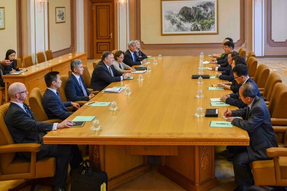 Pompeo and Kim meet with their North Korean counterparts in Pyongyang on July 7, 2018.
