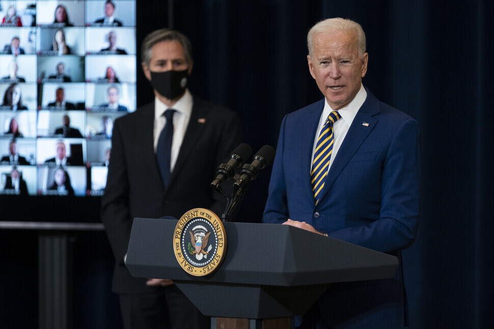 US President Joe Biden delivers a speech about foreign policy on Feb. 4 during his first visit to the State Department since his inauguration. (Yonhap News)