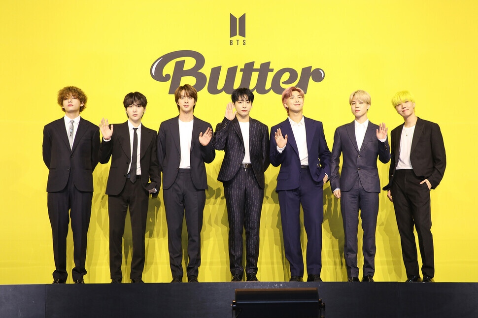 Members of BTS pose for a photo at a press conference held in Seoul for the release of their new single “Butter” on May 21. (provided by Bit Hit Music)
