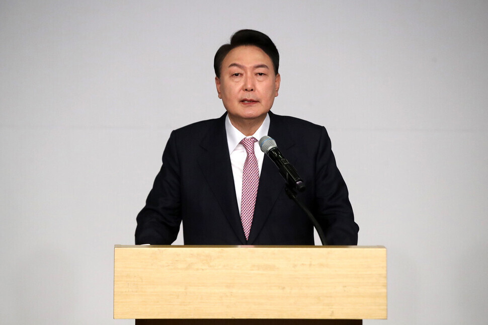 President-elect Yoon Suk-yeol speaks at a press conference on March 10 from the National Assembly following his election win. (pool photo)