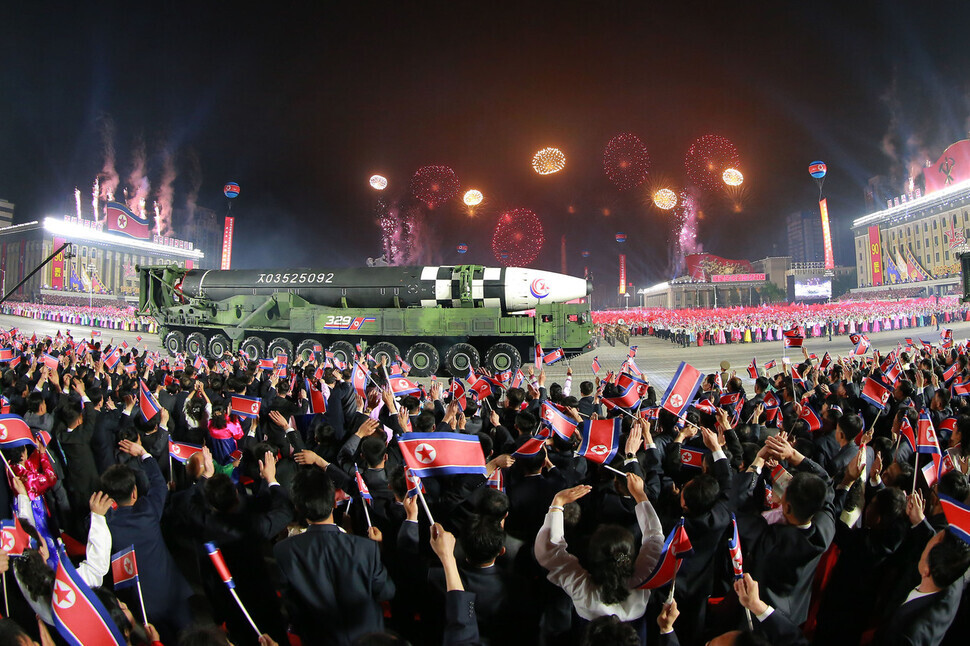KCNA reported that a military parade, shown here, was held in Pyongyang on the evening of April 25 to mark the founding of the KPRA. (KCNA/Yonhap News)