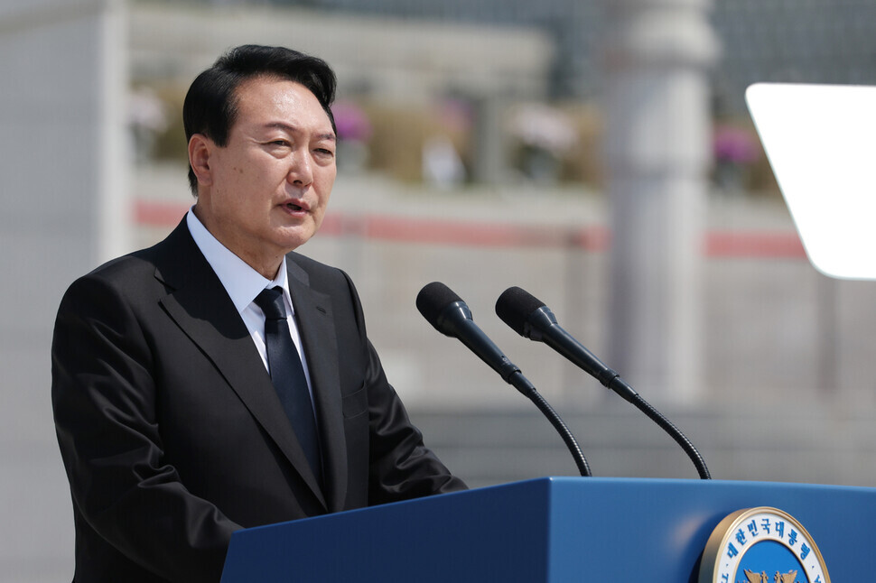 President Yoon Suk-yeol delivers a speech at a memorial ceremony for the 42nd anniversary of the May 18 Gwangju Uprising, held at the May 18th National Cemetery in Gwangju. (pool photo)