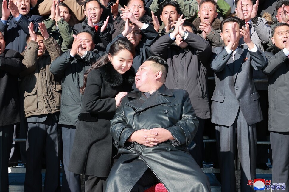 North Korean leader Kim Jong-un appeared with his daughter, Kim Ju-ae, at an official event related to the North’s Hwasong-17 ICBM, as shown in this photo released by the WPK-run Rodong Sinmun newspaper on Nov. 27. (KCNA/Yonhap)