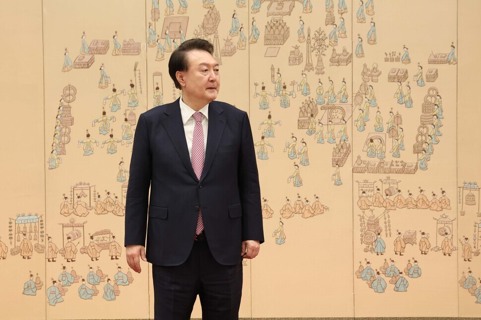 President Yoon Suk-yeol of South Korea takes part in the appointment ceremony for committee members of the Presidential Committee on Ageing Society and Population Policy held at the presidential office in Yongsan, Seoul, on Feb. 14, 2023. (Yonhap)