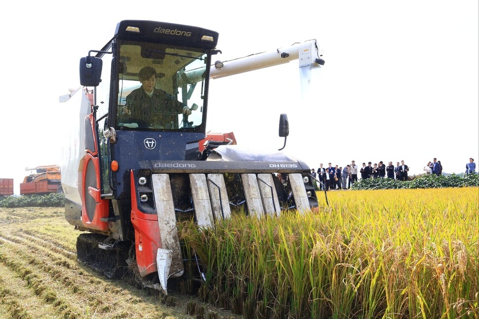 2025년 10월23일 충북 청주에서 벼 수확을 체험하고 있는 송미령 농림축산식품부 장관. 농림축산식품부 제공