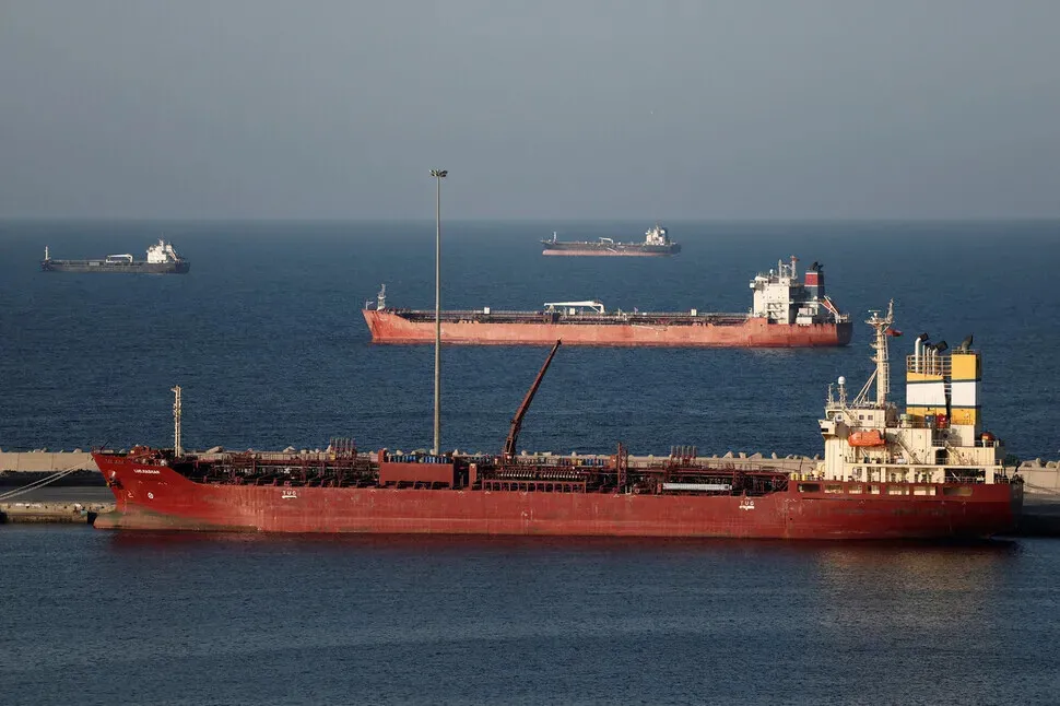The Luojiashan tanker sits anchored in Muscat, Oman, on March 7, 2026, as Iran vows to close the Strait of Hormuz amid its conflict with the US and Israel. (Reuters/Yonhap)