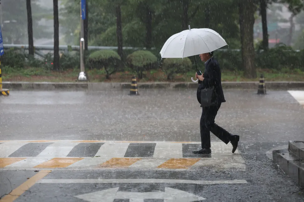 A citizen walking with an umbrella in Seoul