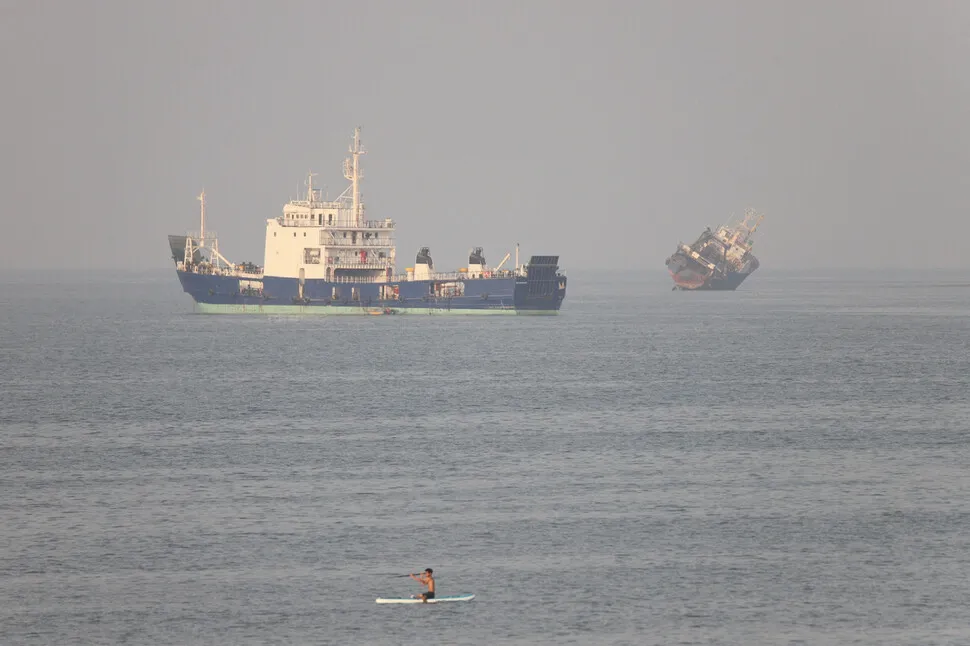 Ships sailing through the Strait of Hormuz near Bandar Abbas, Iran