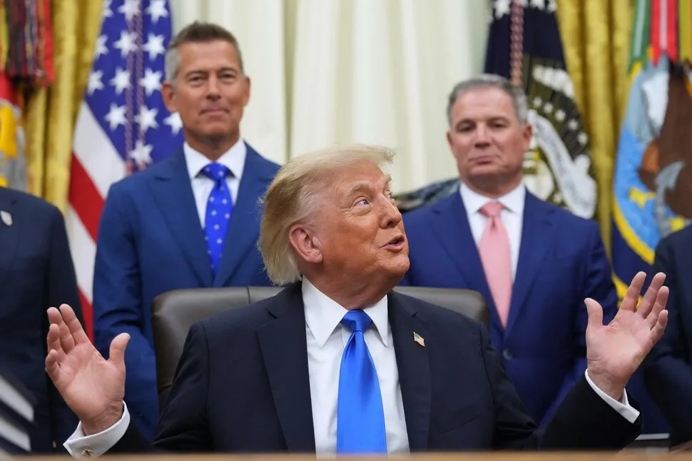 Trump speaks at the White House Oval Office