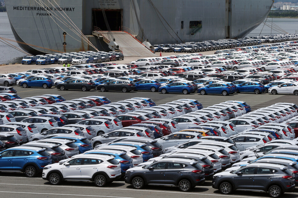 Finished cars waiting for export at Hyundai Motor’s factory in Ulsan