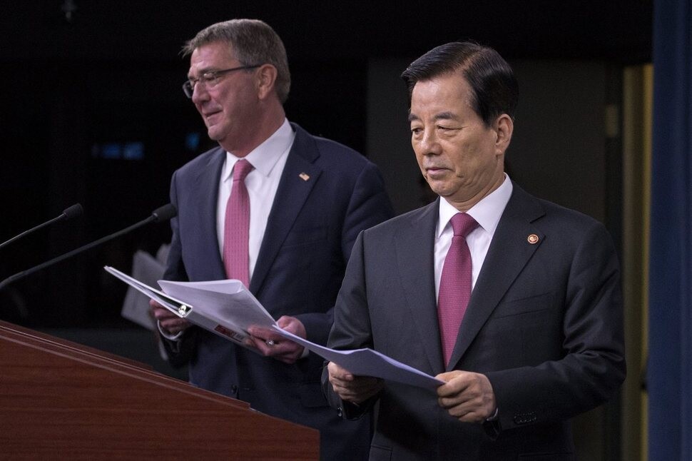 US Secretary of Defense Ashton Carter and South Korean Defense Minister Han Min-koo hold a joint press conference at the Pentagon in Washington DC