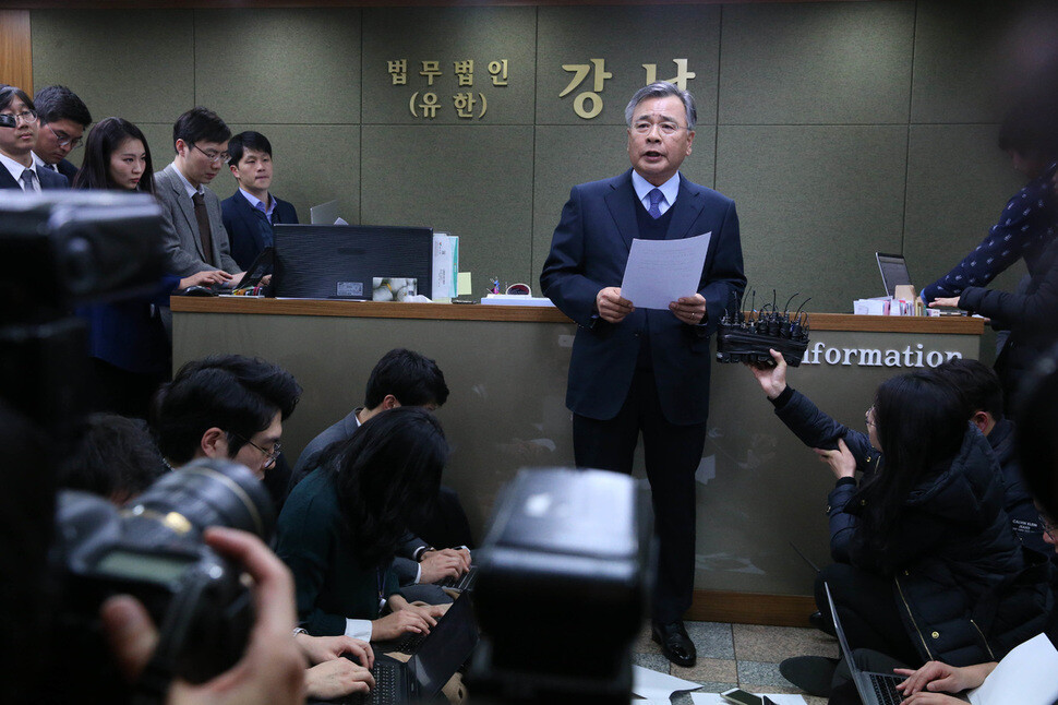 Lawyer Park Young-soo responds to reporters’ questions at his office in Seoul’s Seocho district