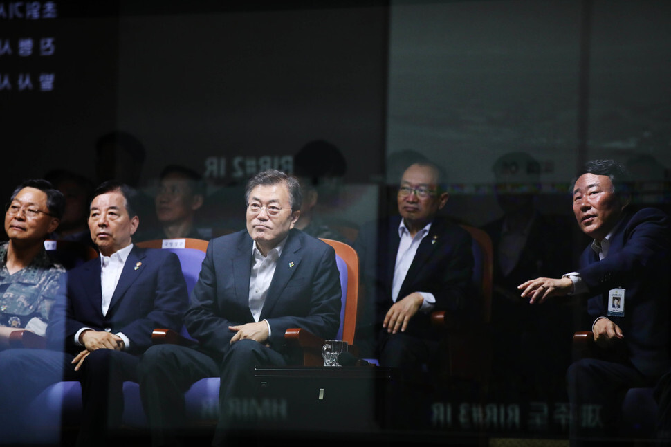 President Moon Jae-in observes the test launch of the Hyunmoo 2 ballistic missile at the  test site of the Agency for Defense Development