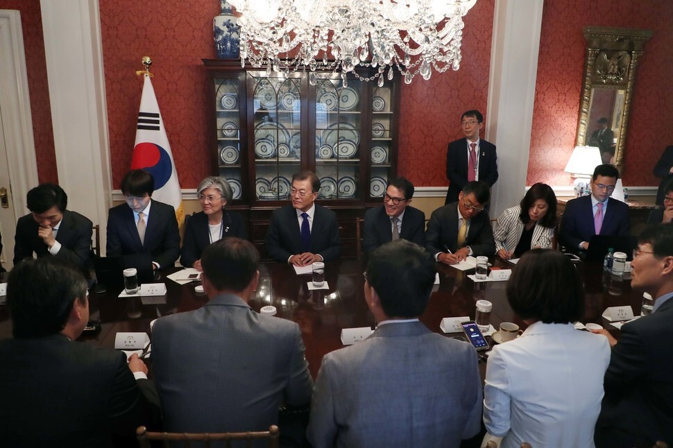 President Moon Jae-in talks about his summit with Donald Trump during a meeting with South Korean foreign correspondents at the Blair House (the White House guest house)