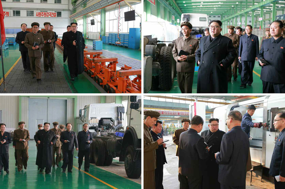 North Korean leader Kim Jong-un makes an inspection of the 3.16 Factory