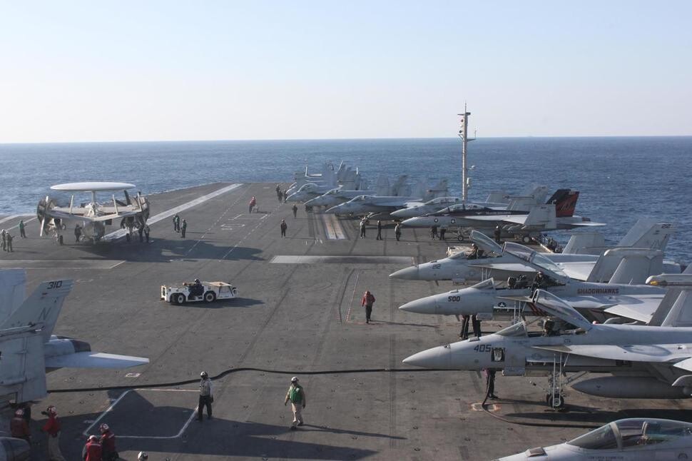 The flight deck of the nuclear powered aircraft carrier USS Ronald Reagan