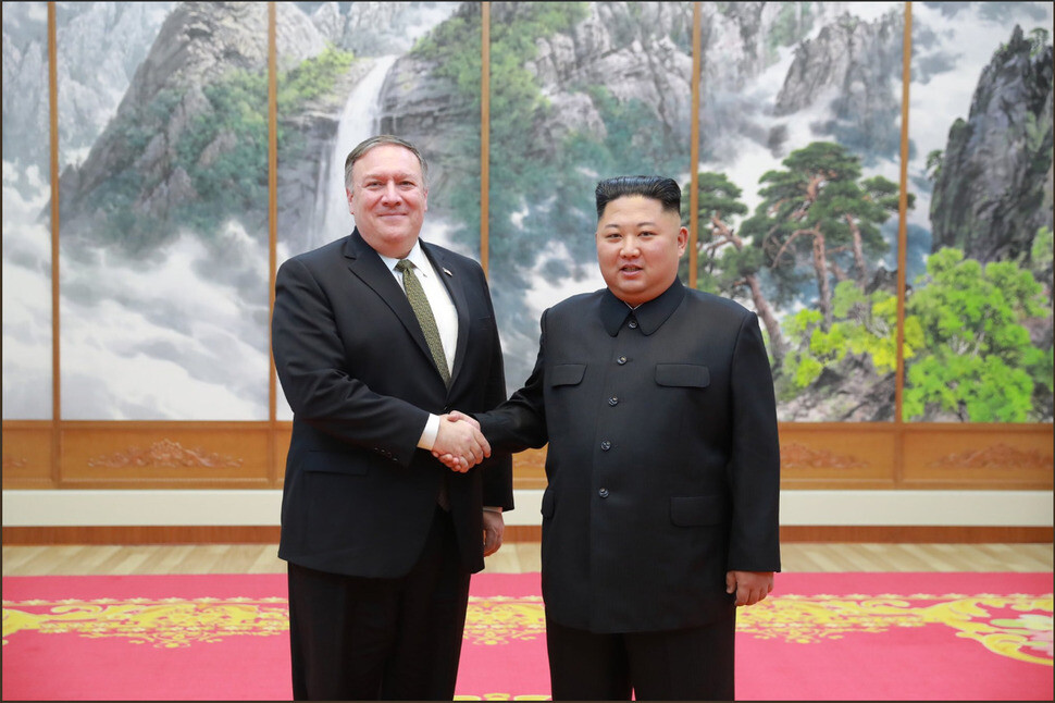 North Korean leader Kim Jong-un (right) shakes hands with US Secretary of State Mike Pompeo during the latter’s fourth visit to Pyongyang on Oct. 7. 