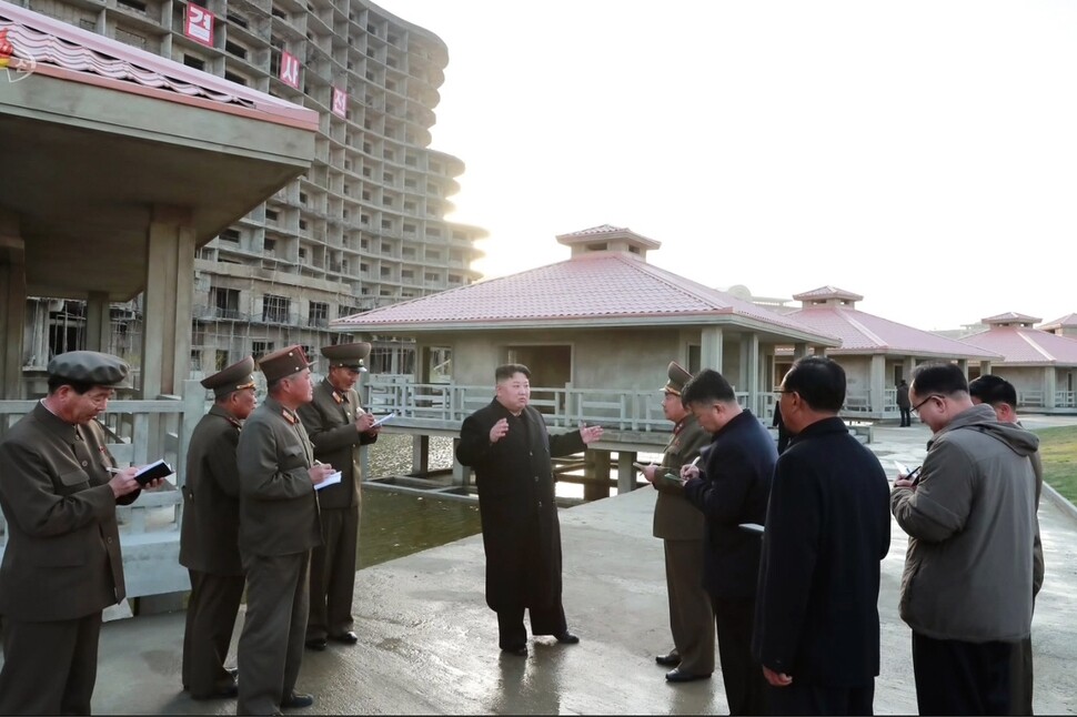 Korean Central Television reported on Apr. 6 North Korean leader Kim Jong-un conducted “on-the-spot” guidance of construction at the Wonsan-Kalma Coastal Tourist Area. (KCTV/Yonhap News)