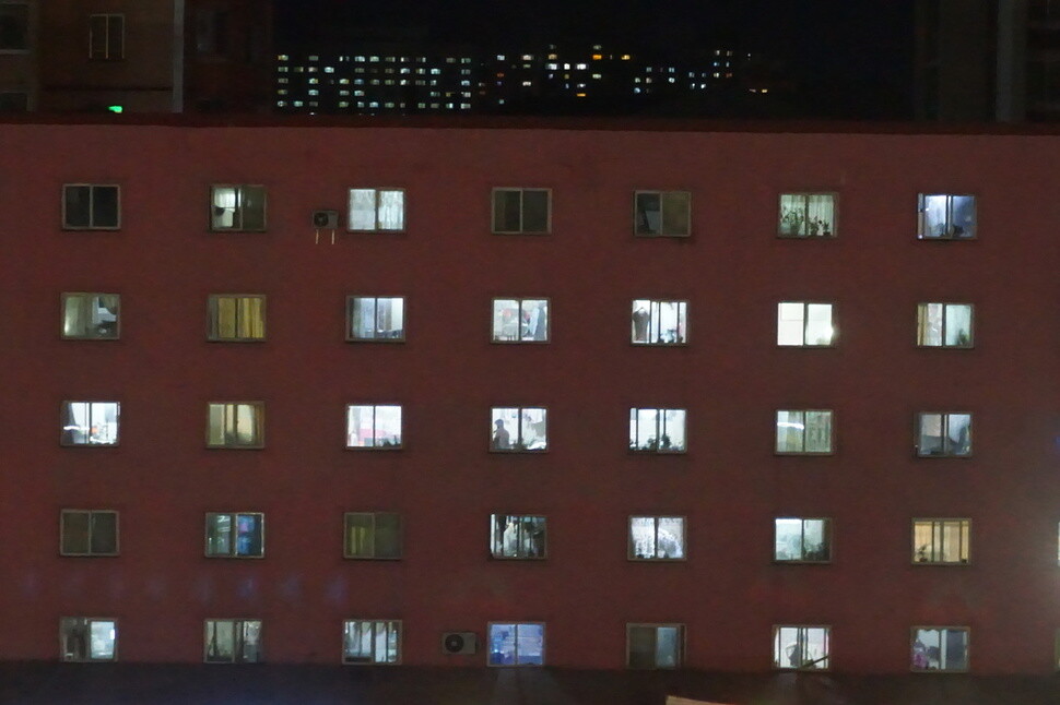 An apartment complex as seen from the fifth floor of Pyongyang Hotel on May 12. Although blackouts were once commonplace in the city