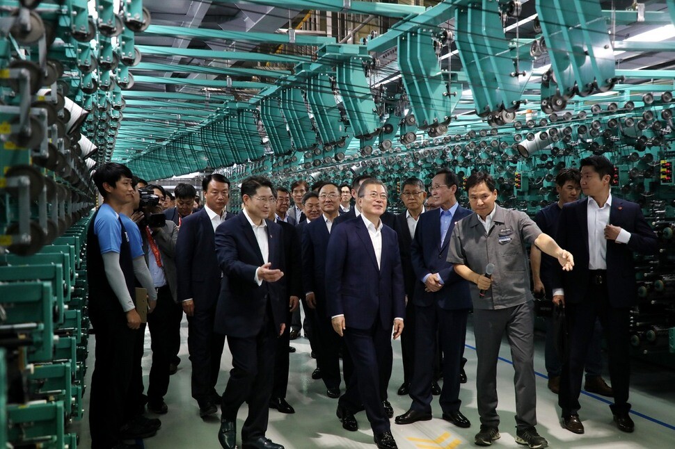South Korean President Moon Jae-in tours a Hyosung Advanced Materials carbon fiber factory in Jeonju