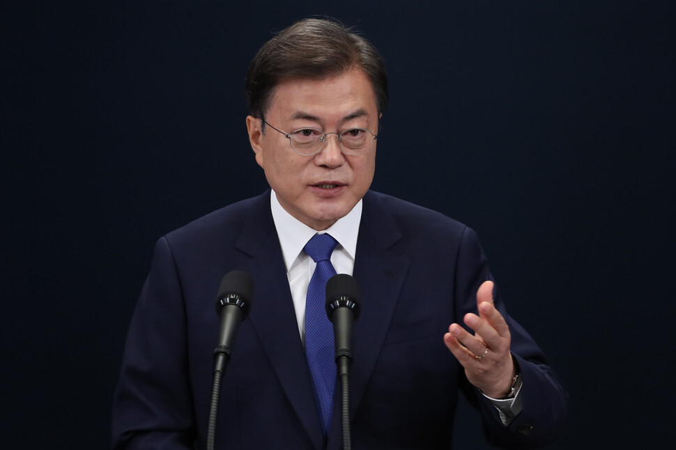South Korean President Moon Jae-in talks to reporters after giving a special address marking his third year in office at the Blue House on May 10. (Blue House photo pool)