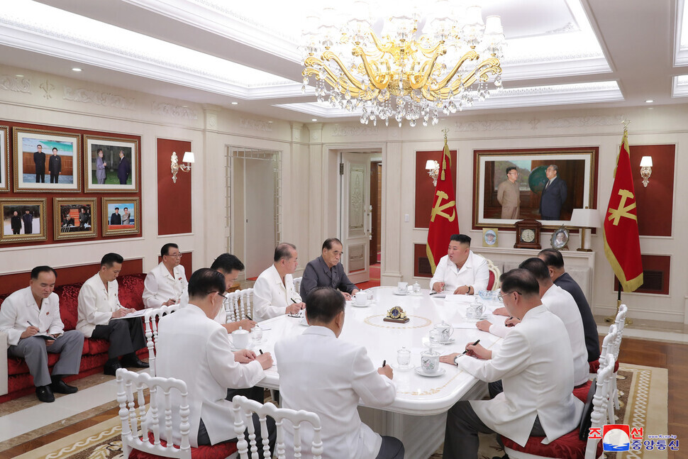 North Korean leader Kim Jong-un presides over a meeting of the Executive Policy Council of the 7th Central Committee of the Workers’ Party of Korea on Aug. 5. (KCNA/Yonhap News)
