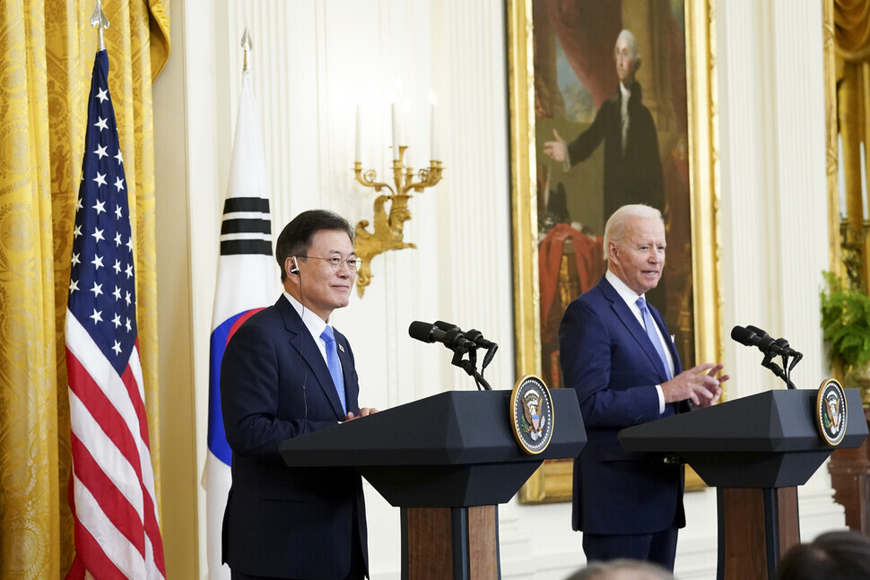 South Korean President Moon Jae-in holds a joint press conference with US President Joe Biden on Friday at the White House after their first in-person summit. (Yonhap News)