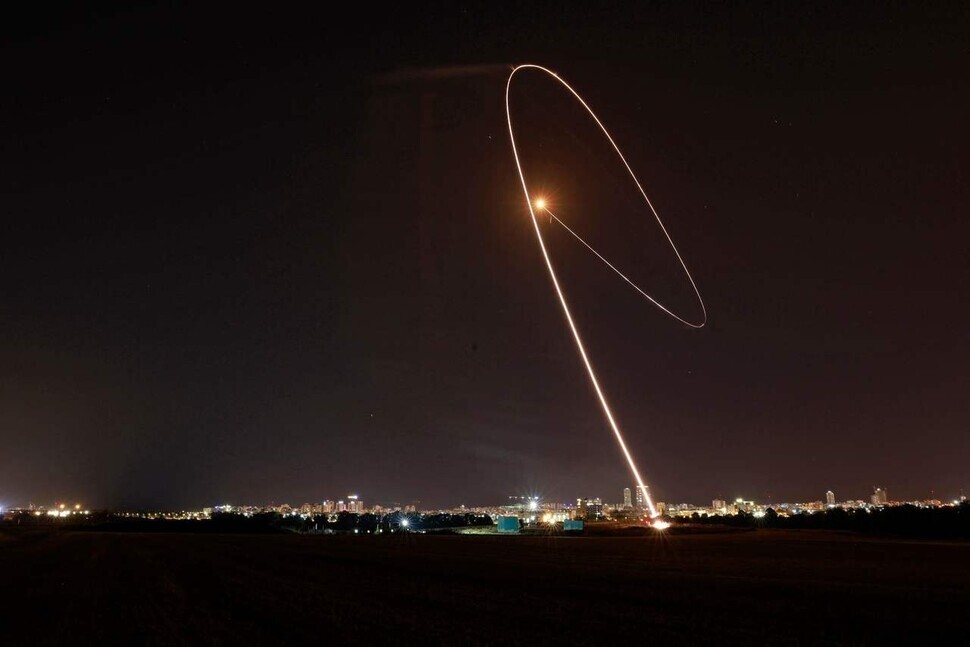 Israel's Iron Dome aerial defense system intercepts a rocket fired from Gaza over southern Israel on May 11. (AFP/Yonhap News)