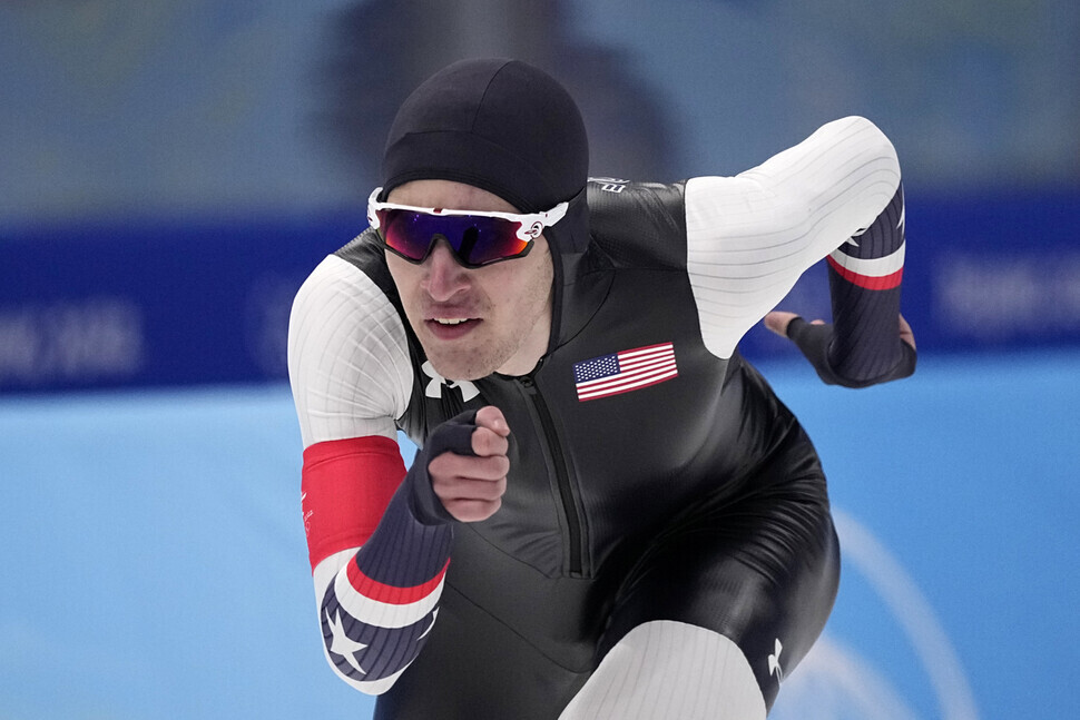 Team USA’s Casey Dawson races in the men’s 1,500-meter speedskating event on Feb. 8. (AP/Yonhap News)