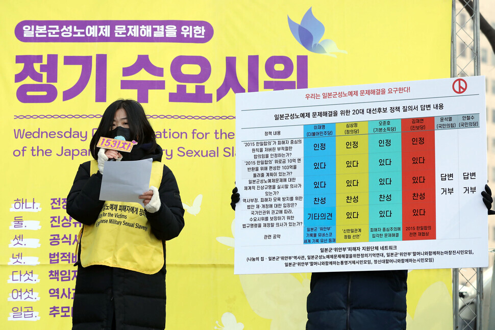 At the 1,531st Wednesday Demonstration for the redress of the system of sexual slavery carried out by the Japanese military, which took place outside the former Japanese Embassy in Seoul at noon on Wednesday, an organizer announces responses to a questionnaire on related to the “comfort women” issue from presidential candidates from six parties in the running for the Blue House. (Kim Hye-yun/The Hankyoreh)