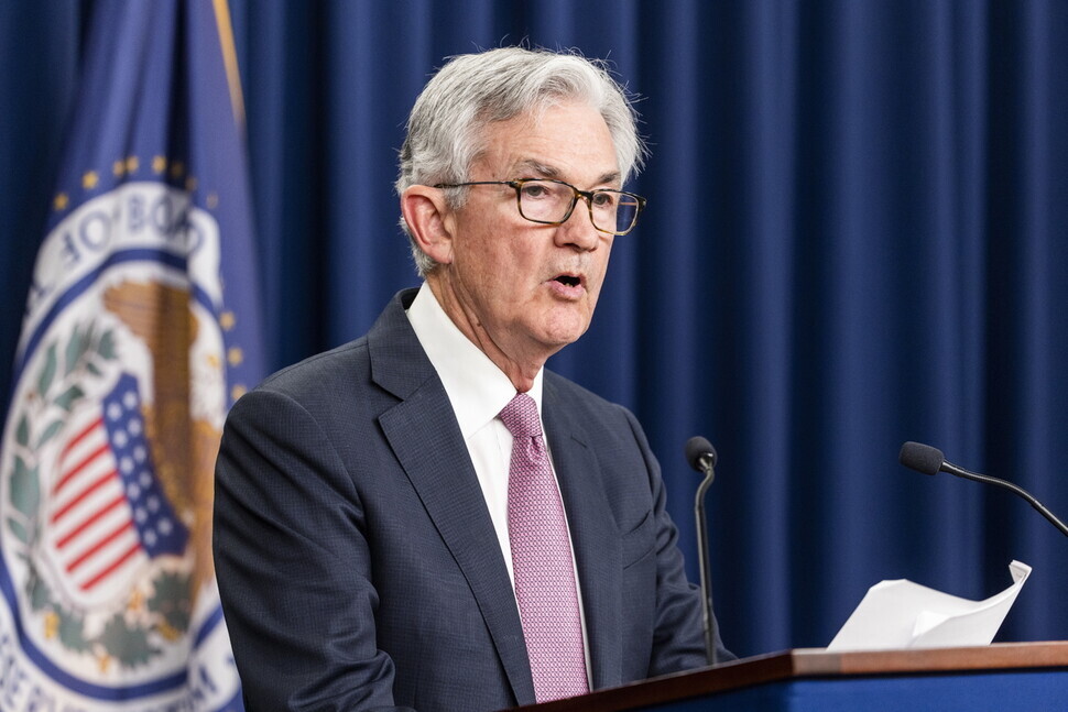 Jerome Powell, the chairperson of the US Fed, holds a press conference on May 4 issuing its FOMC statement. (EPA/Yonhap News)