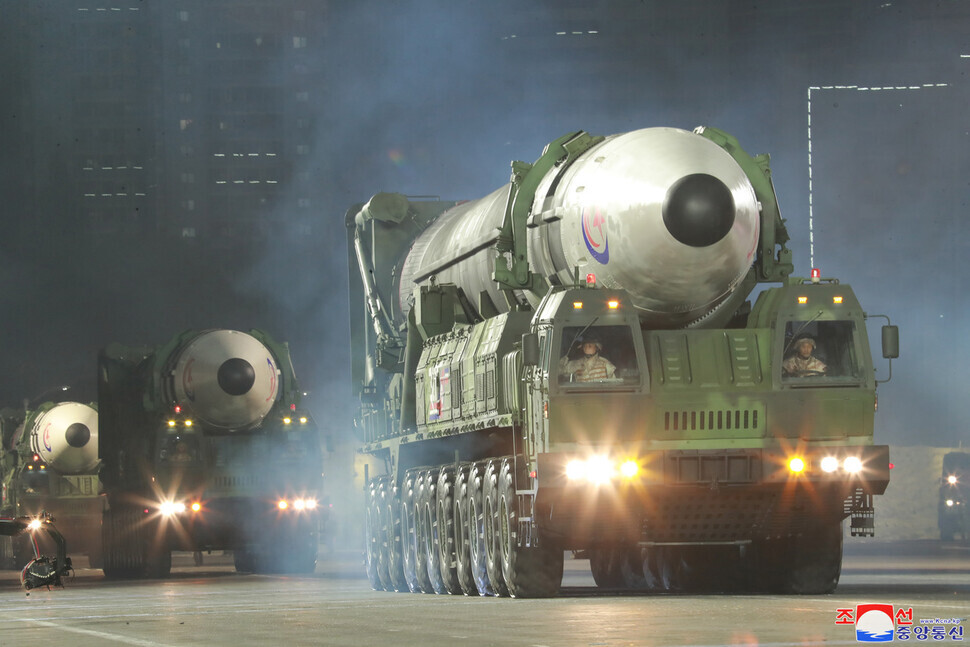 A military parade on April 25 marking the 90th anniversary of the founding of the KRPA featured the Hwasong-17, a new North Korean ICBM. (KCNA/Yonhap News)