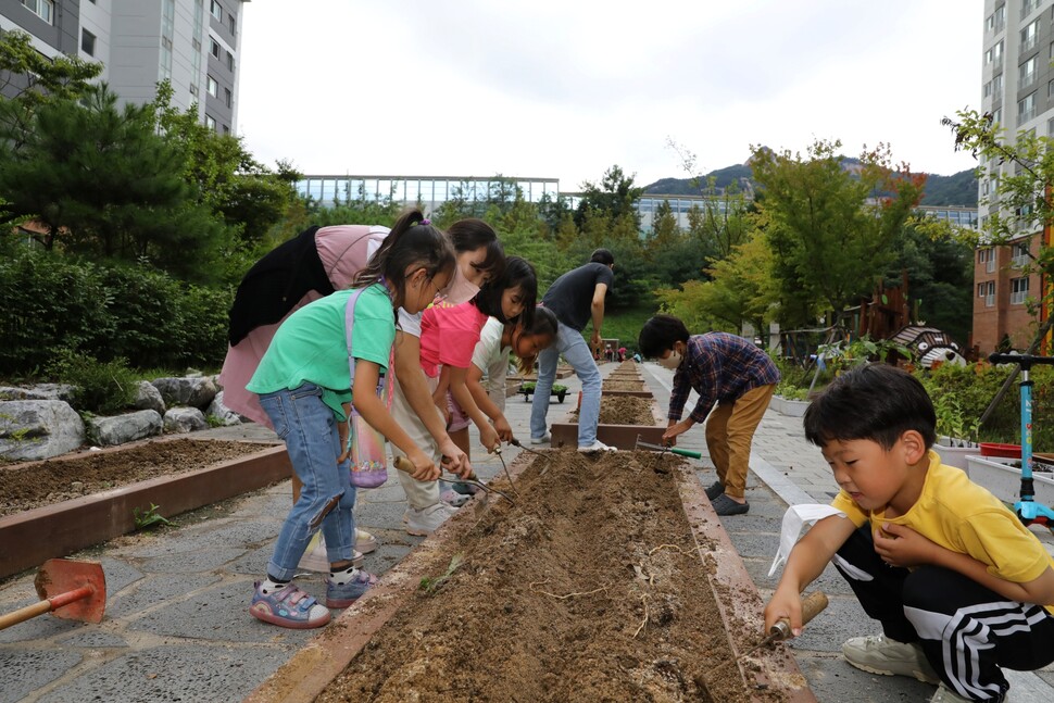 8월31일 위스테이 주민과 아이들이 동네텃밭에 김장용 배추 모종을 심고 있는 모습.