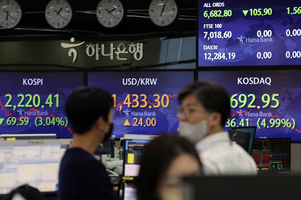 Monitors in Hana Bank’s dealing room in downtown Seoul display KOSPI and won/dollar exchange rate figures on Sept. 26. (Yonhap)