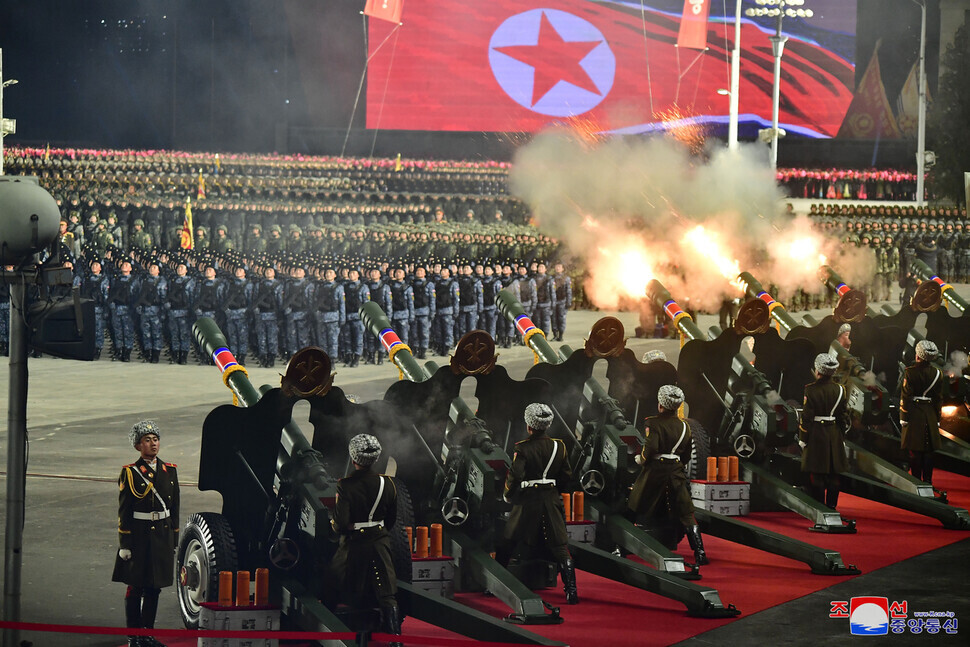 The state-run KCNA reported that a nighttime military parade was held in Pyongyang’s Kim Il-sung Square for the 75th founding anniversary of the Korean People’s Army on Feb. 8. (KCNA/Yonhap)