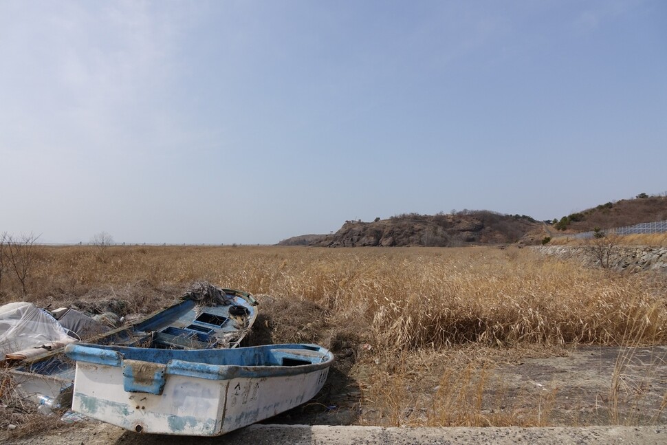 하제마을에 버려진 어선들. 한때 바다였던 곳에 잡초가 가득하다. 김양진 기자