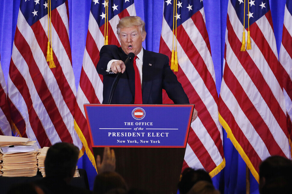 During a press conference in January 2016, president-elect Donald Trump points at a CNN report with whom he had an intense back-and-forth and says, “You are fake news.” (Reuters/Yonhap)