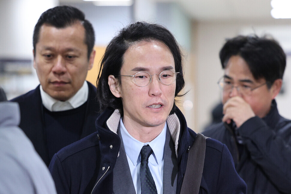 Cho Hyun-bum, the chairman of Hankook & Company Group, arrives at Seoul Central District Court on Jan. 11, 2024, on charges of breach of trust and embezzlement at an affiliate. (Yonhap)
