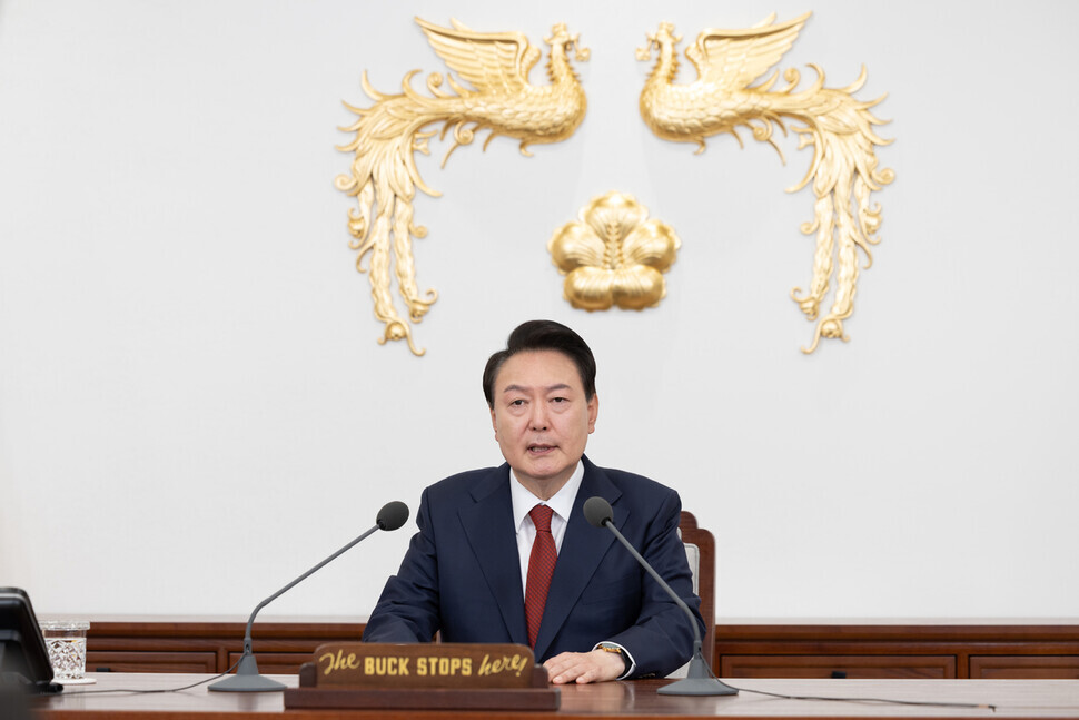 Ahead of a press conference on May 9, 2024, President Yoon Suk-yeol gives his opening remarks on his first two years in office from the Yongsan presidential office in Seoul. (courtesy of the presidential office)