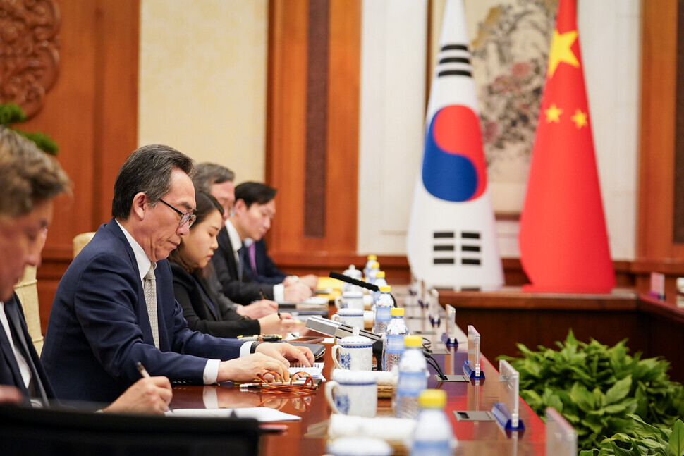 Foreign Minister Cho Tae-yul of South Korea takes part in a meeting with his Chinese counterpart at the Diaoyutai State Guesthouse in Beijing, China, on May 13, 2024. (Yonhap)