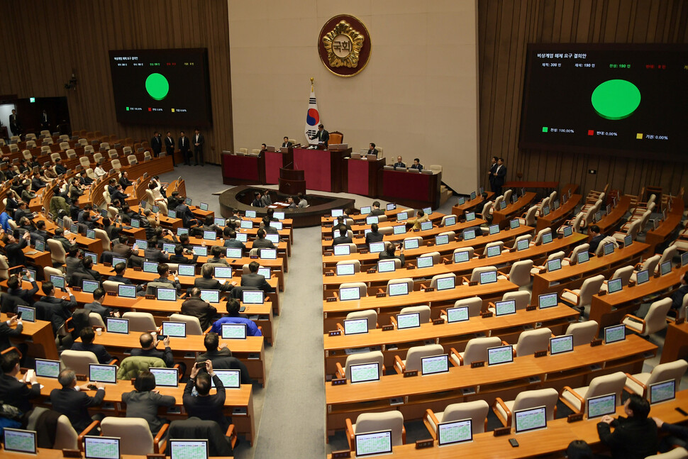 윤석열 대통령이 2024년 12월3일 밤 긴급성명을 통해 비상계엄을 선포한 가운데 4일 새벽 서울 여의도 국회 본회의에서 여야 의원들이 비상계엄 해제 요구 결의안을 재석 190인, 찬성 190인으로 가결하고 있다. 연합뉴스