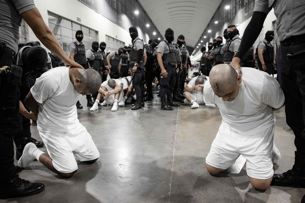 2025년 3월16일 미국에서 추방된 베네수엘라 출신 이주민들이 엘살바도르 세코트 교도소에서 무릎을 꿇고 있다. AFP 연합뉴스