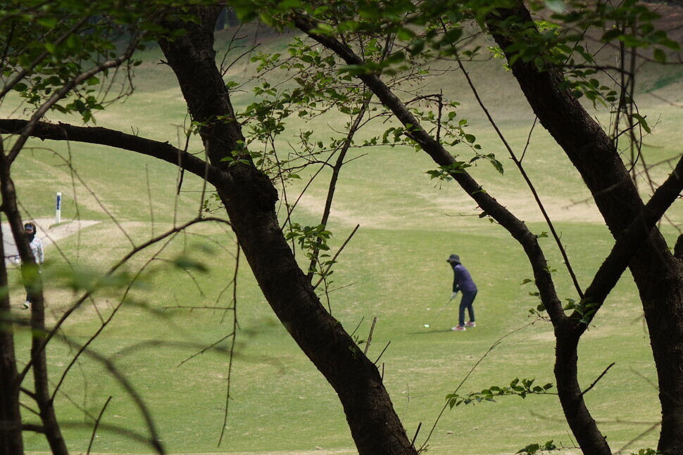 2024년 4월19일 경기도 고양시 일산동구 산황산 숲 북쪽의 스프링힐스 골프장. 골프장은 잔디 한 종만 키우는 ‘녹색사막’이라는 지적이 나온 2024년 4월19일 경기도 고양시 일산동구 산황산 숲에 있는 무연고 묘터. 석물이 기울어져 있다. 김양진 기자