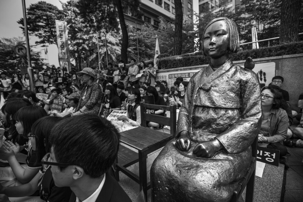 The comfort woman statue in front of the Japanese embassy in Seoul.