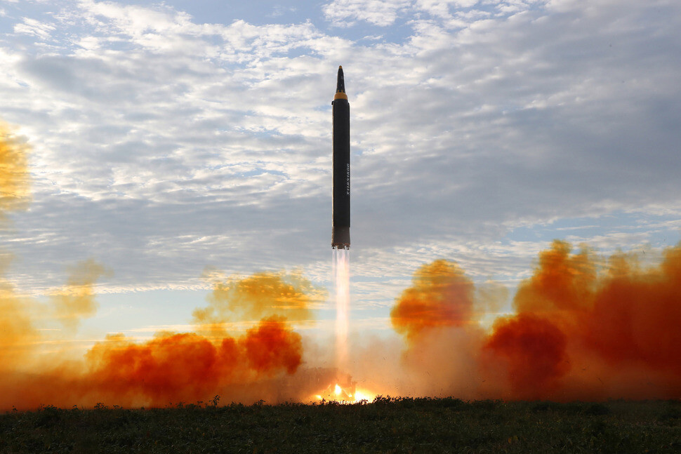 An image released on Sept. 16 by the Korean Central News Agency shows the launch of an intermediate range ballistic missile
