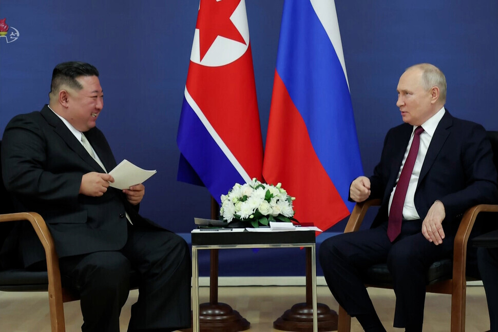 North Korean leader Kim Jong-un sits down for talks with Russian President Vladimir Putin in Russia. (KCTV/Yonhap)