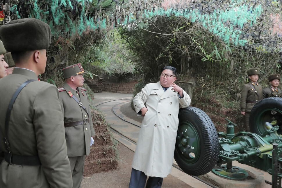 Footage of North Korean leader Kim Jong-un providing on-site guidance of artillery drills on Changrin Islet broadcasted by the state-run Korean Central Television (KCTV) network on Nov. 25. (Yonhap News)