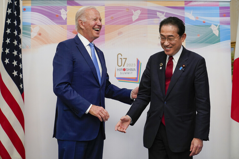 President Joe Biden of the US and Prime Minister Fumio Kishida of Japan meet on May 18 for a summit on the sidelines of the Group of Seven summit in Hiroshima that will last three days in the city. (AP/Yonhap)