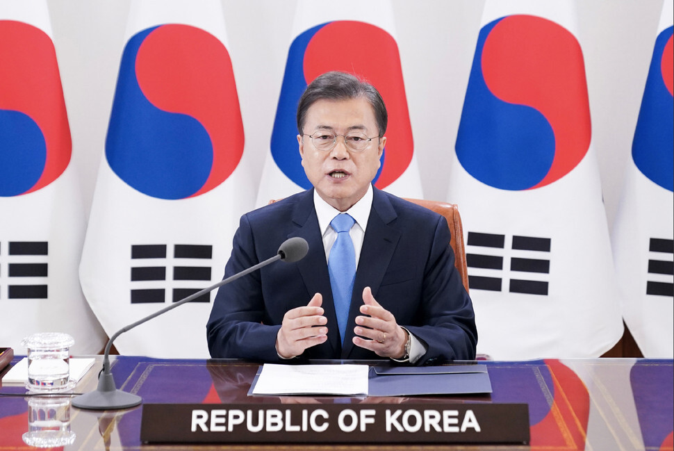 South Korean President Moon Jae-in gives a speech during a teleconference for the World Health Assembly on May 18. (provided by the Blue House)
