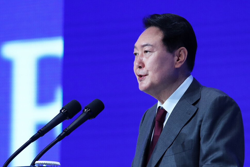 President Yoon Suk-yeol speaks at the opening ceremony of the Asian Leadership Conference 2022 held in downtown Seoul on July 13. (presidential office pool photo)